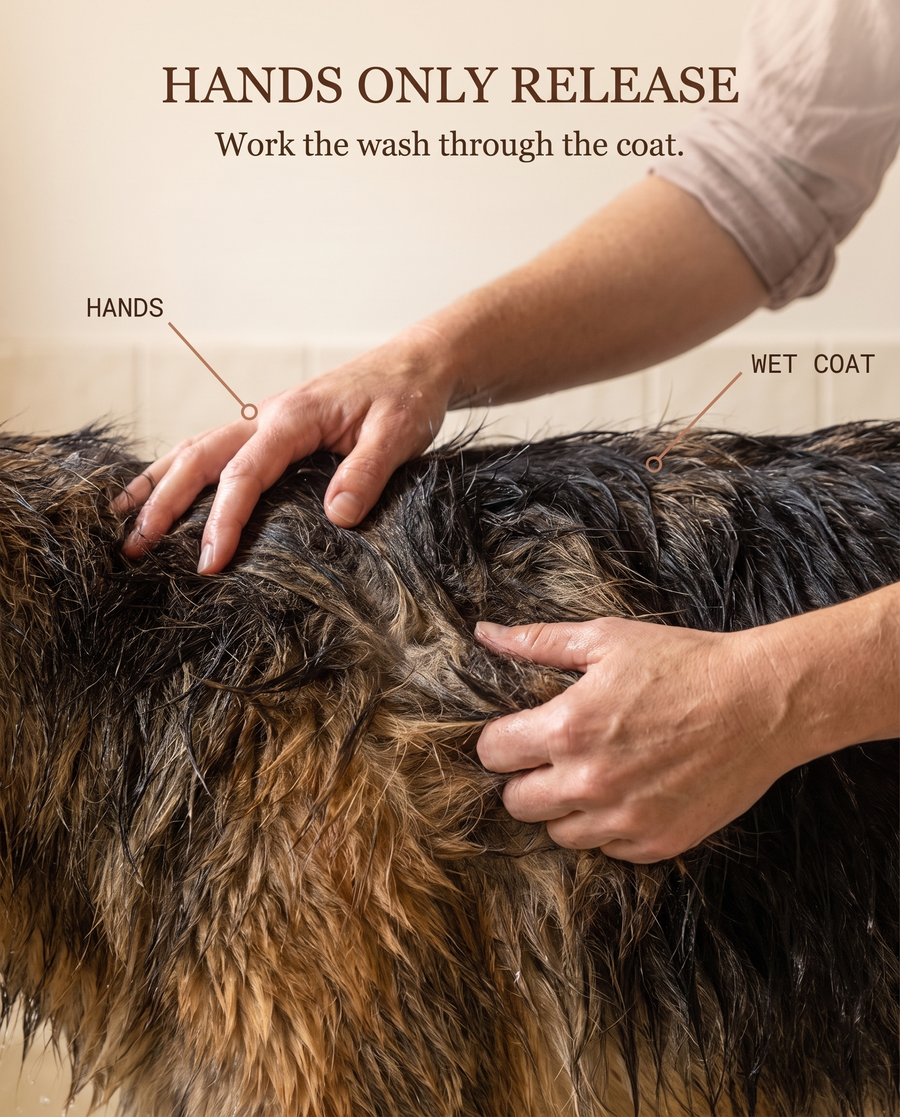 Hands reach the wet coat differently than a brush reaches the dry surface.