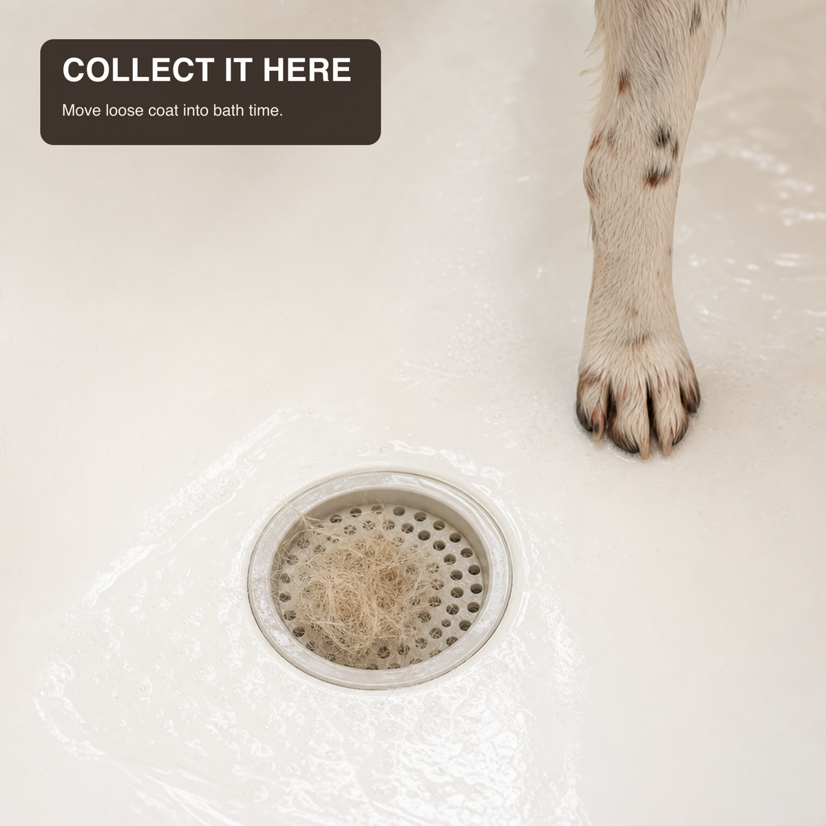 Loose dog undercoat collected in a bathtub drain catcher before it reaches the floor
