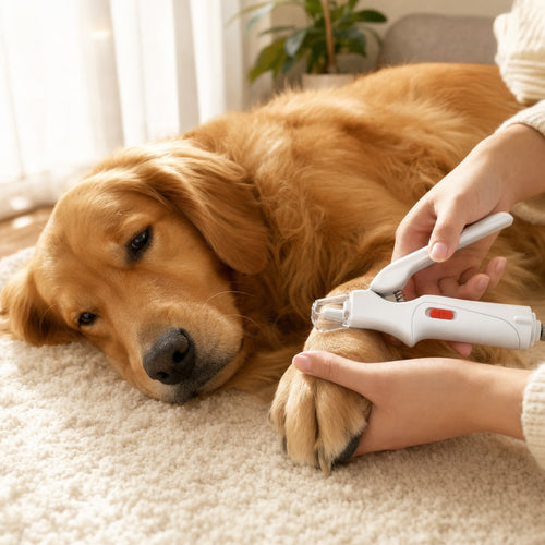 Calm golden retriever having a nail trimmed at home