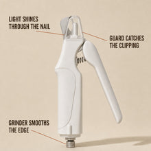 Annotated product: light shines through the nail, guard catches the clipping, grinder smooths the edge