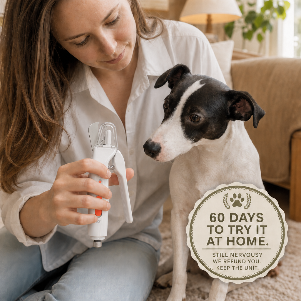 Pet owner holding a compact 2-in-1 nail clipper and grinder beside a dog, with a 60-day guarantee