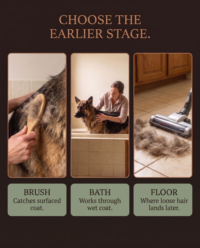 Brush, bath, and floor stages of loose undercoat collection