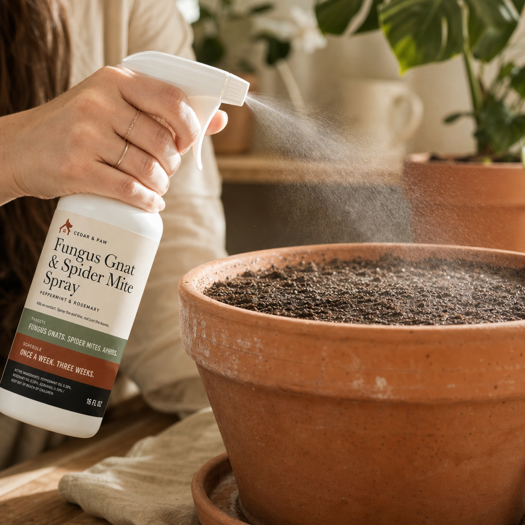 Misting the soil surface of a potted plant with the spray