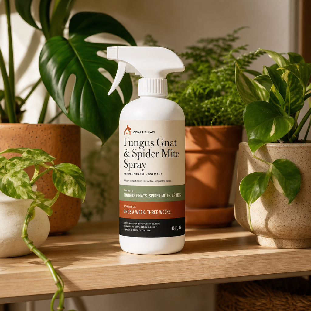 The spray on a shelf beside houseplants