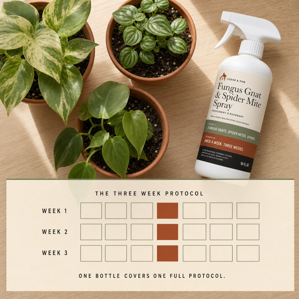 The three week protocol, one application per week, shown over three potted plants